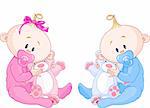 Twin Baby Boy And Girl With Pacifiers and Toys