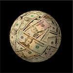 Sphere of American banknotes against a black background