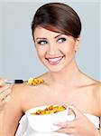 Portrait of beautiful woman, she eating cornflakes