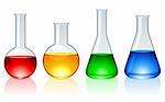 Set of 4 glass flasks with color liquid inside.