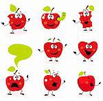 Set of funny apple characters in poses. Apple with garden worm, apple with speech bubble, jumping apple, heart-shaped apple, food apple. Vector Illustration