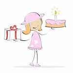 illustration of vector girl holdig cake and gift box in two hands on an isolated background