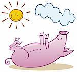 Illustration of happy little pig take sunbath