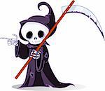 Cute cartoon grim reaper with scythe  pointing. Isolated on white