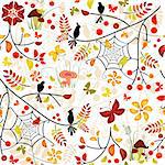 Autumn seamless pattern with colorful leaves, bird and butterflies (vector)