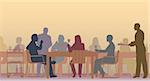 Editable vector scene of people eating in a restaurant