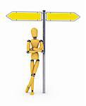 Wooden mannequin leaning against street sign over white