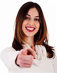 portrait of young lady pointing finger at you on an isolated background
