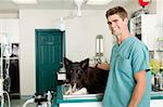 A small animal clinic with a dog on the surgery prep table