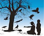 Vector illustration silhouettes of birds who are fed in winter children