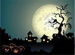 Halloween background with spooky tree and cat in editable vector format