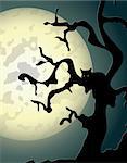 Halloween background with spooky tree and cat in editable vector format