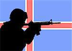Silhouette of an Icelandic soldier with the flag of Iceland in the background
