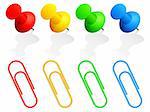 Collection of color pins and paper clips.