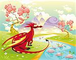 Dragon in landscape. Cartoon and vector illustration, isolated objects.