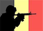 Silhouette of a Belgian soldier with the flag of Belgium in the background