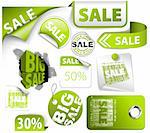 Set of green discount tickets, labels, stamps, stickers, corners, tags (vector)