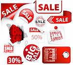 Set of red discount tickets, labels, stamps, stickers, corners, tags (vector)