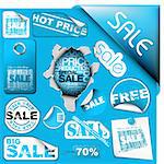 Set of blue sale tickets, labels, stamps, stickers, corners, tags (vector)