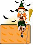 Illustration for Halloween with a cute witch  sitting on place card. All objects are separate groups