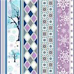 Seamless striped christmas border with snowflakes and geometric ornaments (vector)