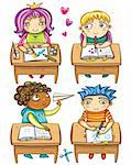 Group of cute, little schoolchildren, sitting at the desks and colorful icons