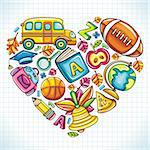 Different types of colorful school icons, combined in a shape of a heart.
