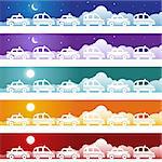 Set of images with multiple taxi cabs with day/night background.