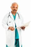 Handsome african-american doctor holding a medical chart.  Isolated on white.