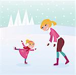Mother carying about her child on ice. Vector Illustration.