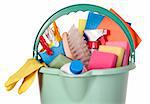 Bucket filled with cleaning industry tools, clean service