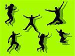 illustration of funny jumping people silhouettes on green background