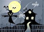 Vector picture about Halloween. Scarecrow, bats, scary house and full moon.