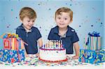 Twin Boys with Birthday Cake and Presents