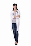 Happy smiling young medical doctor woman walking, isolated over white.