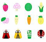 Mixed fruits and vegetable with insect cartoon vector illustration