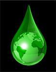 green world globe map in a water drop. 3D ecology symbol