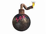 Old rusted metal bomb with burning wick and word BOMB with lipstick kiss. Isolated from background