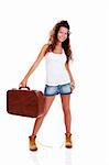 Beautiful young woman with a old suitcase, isolated on white background