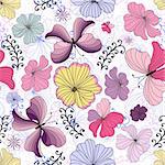 White seamless floral pattern with vivid flowers and butterflies (vector)