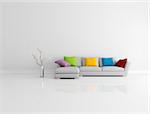 gray modern couch with colored pillow in a bright empty living room - rendering