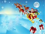 an illustration of Santa in his xmas sled or sleigh, delivering his christmas gifts to everyone