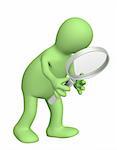 3d puppet, holding in hands the magnifier. Isolated over white