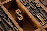 financial or monetary concept,  dollar symbol - vintage letterpress wooden type (condensed gothic) in old printer drawer among other letters stained by dark ink