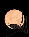 Halloween Crow sitting and croaks against a full moon and rope halter