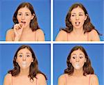 beautiful woman chewing bubble gum isolated over blue