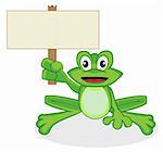 Vector illustration of a cute happy looking tiny green frog with big eyes. No gradient. Place your text in the empty sign.