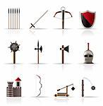 medieval arms and objects icons - vector icon set