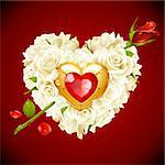 Red Roses and golden jewel in the shape of heart with arrow