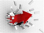 3d illustration of strong red arrow breaking white wall